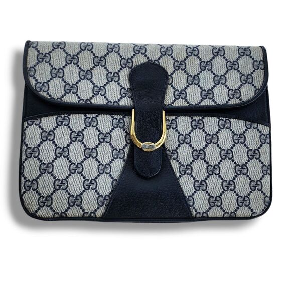 VINTAGE Gucci GG Web Coated Canvas Shoulder Bag Blue WhiteLeather Trim Chain